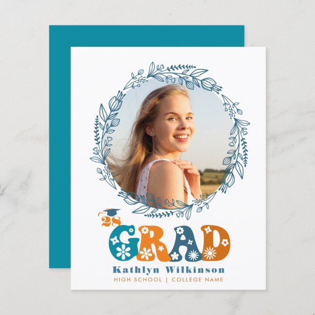 BUDGET Retro Floral Wreath Photo GRAD Announcement (Front/Back)
