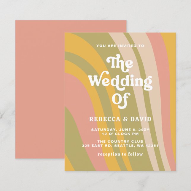 Budget Retro Groovy 70s Pink Green Wedding Invite (Front/Back)