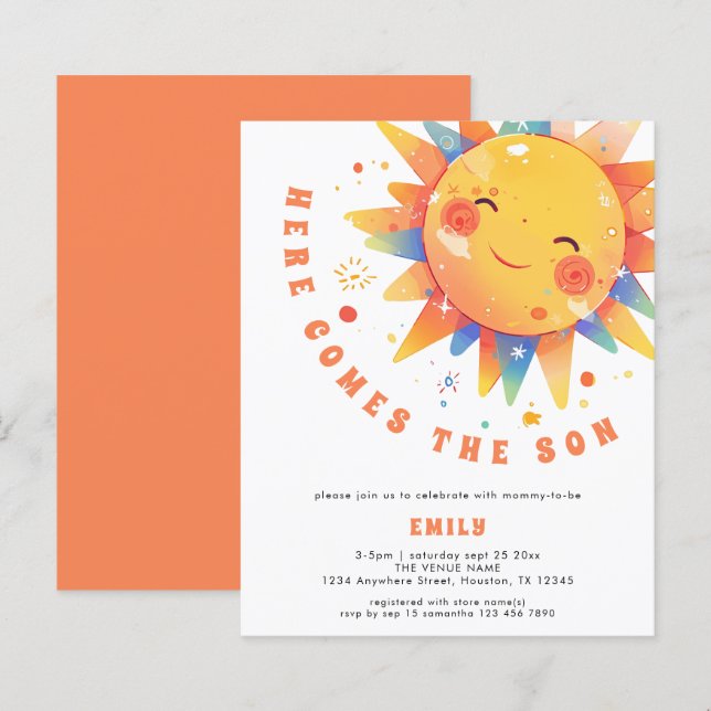 Budget Retro Here Comes The Son Baby Shower invite (Front/Back)