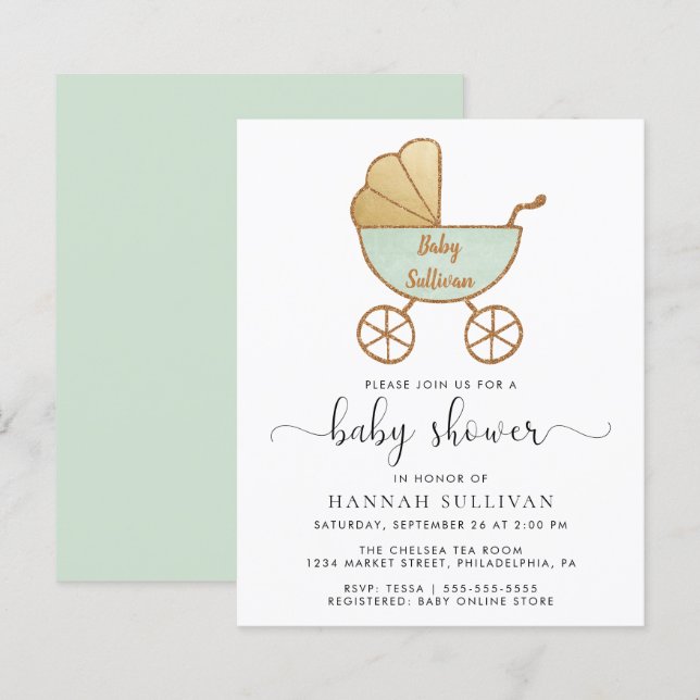 Budget Retro Mint Carriage Baby Shower Invite (Front/Back)