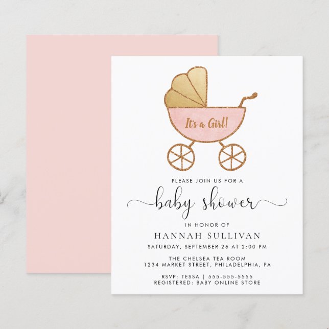 Budget Retro Pink Carriage Baby Girl Shower Invite (Front/Back)