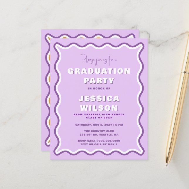 Budget Retro Purple Photo Graduation Invitation (Front/Back In Situ)