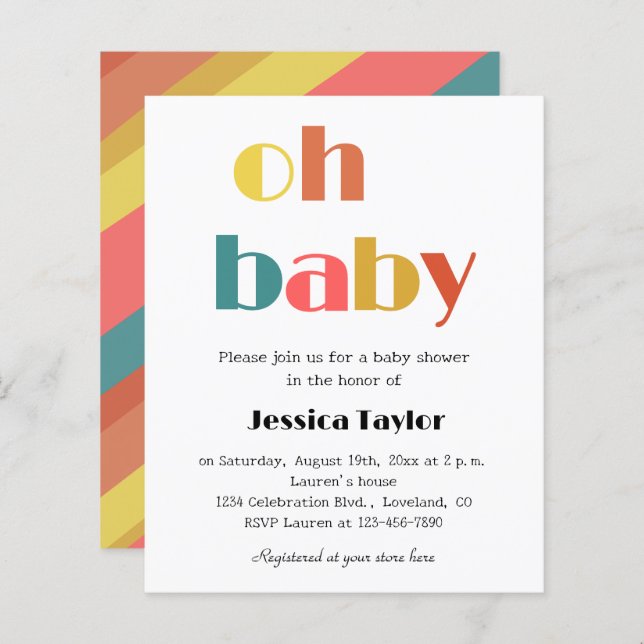 Budget Retro Rainbow Oh Baby Shower Invitation (Front/Back)