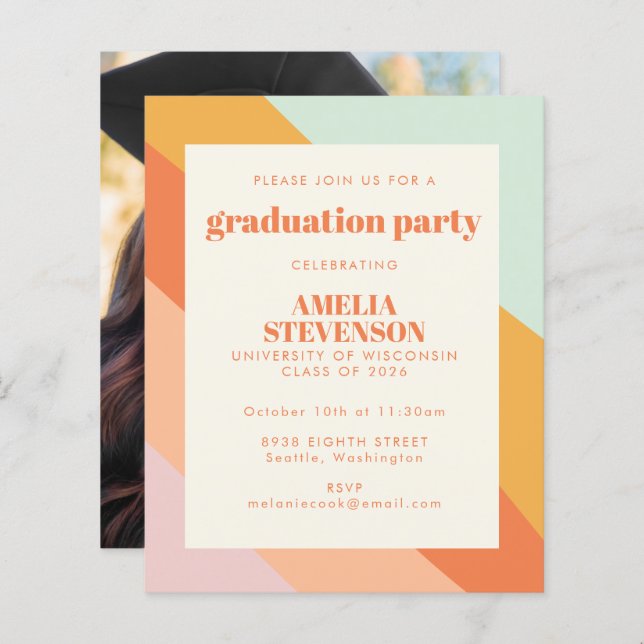 Budget Retro Stripes Photo Grad Party Invite (Front/Back)
