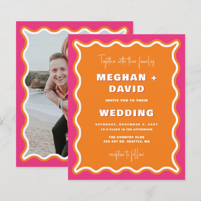 Budget Retro Wavy Pink Orange Photo Wedding  (Front/Back)