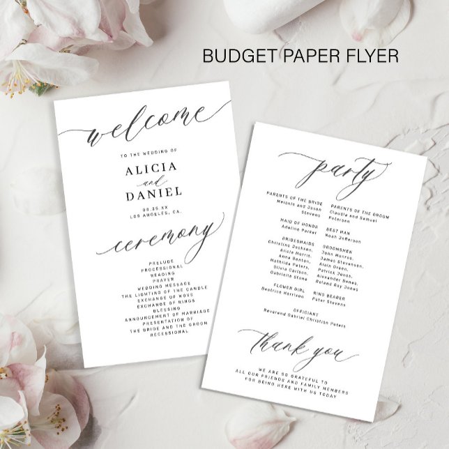 Budget romantic black and white wedding program flyer (Creator Uploaded)