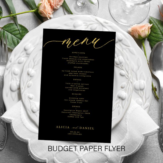 Budget romantic elegant gold black wedding menu (Creator Uploaded)
