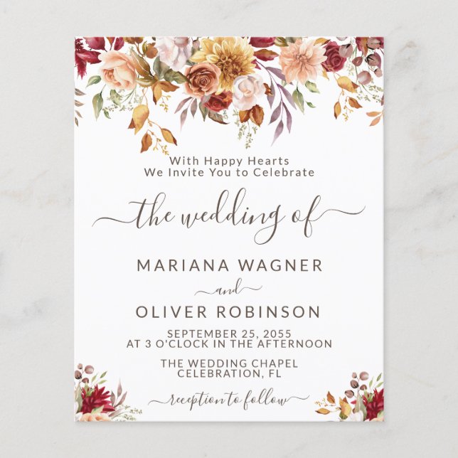 Budget Romantic Fall Floral Wedding Invitation (Front)