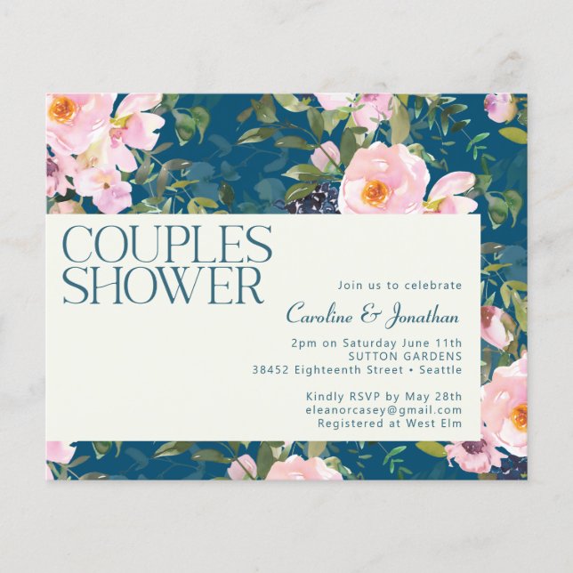 Budget Romantic Floral Blue Couples Shower Invite (Front)