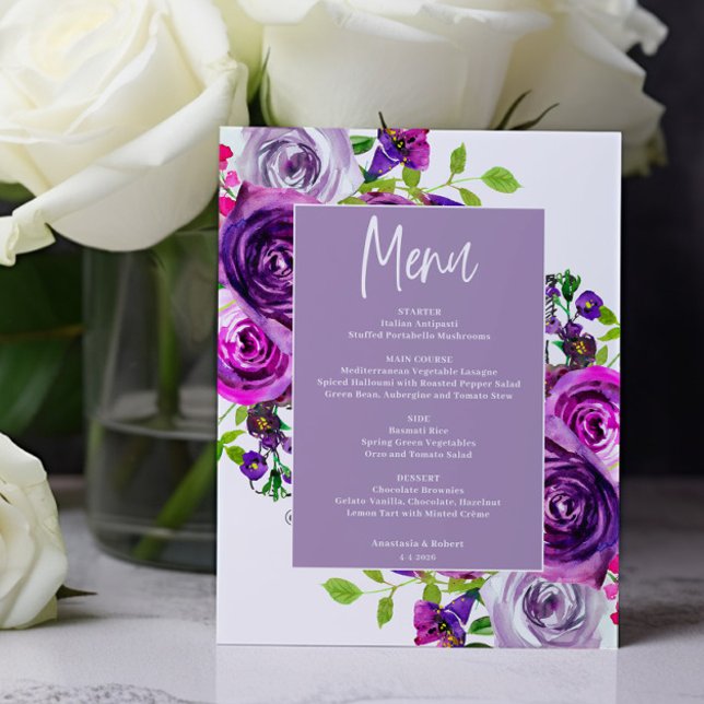 Budget Romantic Purple Floral Menu Card (Creator Uploaded)