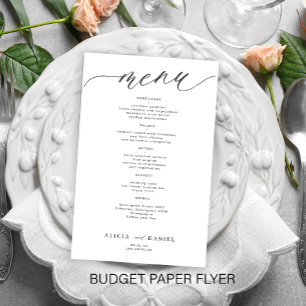Budget romantic white black script wedding menu