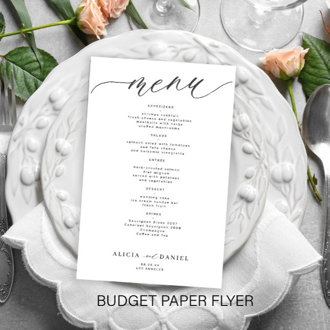 Budget romantic white black script wedding menu (Creator Uploaded)