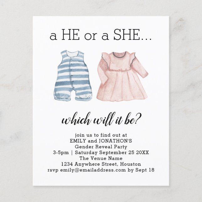 Budget Romper Dress He She Gender Reveal Invite (Front)
