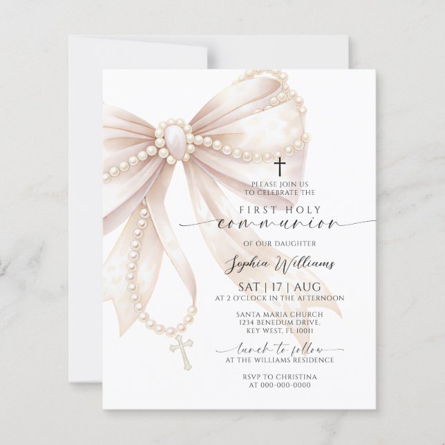 Budget Rosary Bow First Holy Communion Invitation (Front)