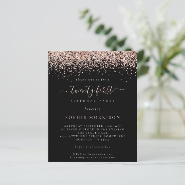 Budget Rose Glitter  21st Party Black Invitation (Standing Front)