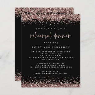 Budget Rose Glitter Black Rehearsal Dinner Invite