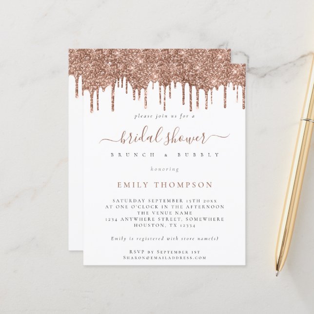 Budget Rose Glitter Drips Bridal Shower Invitation (Front/Back In Situ)