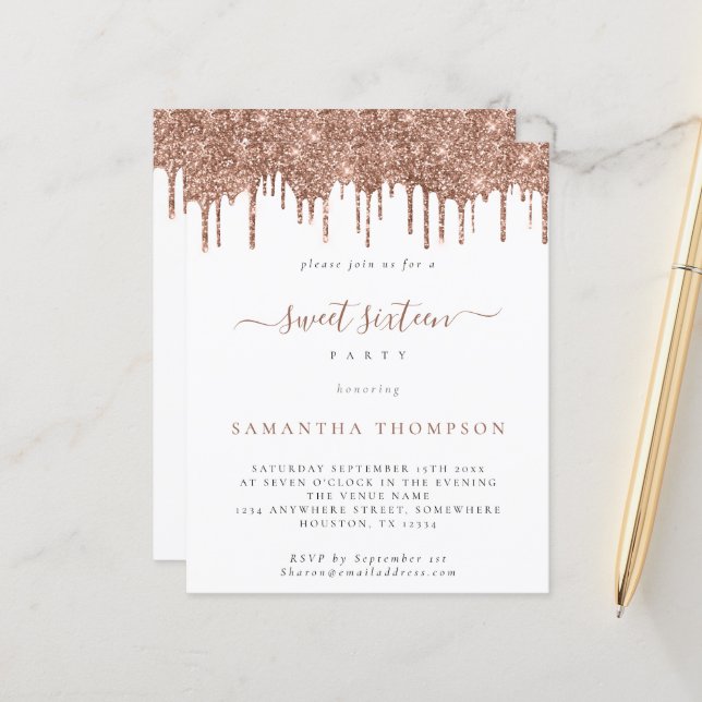 Budget Rose Glitter Drips Sweet 16 Invitation (Front/Back In Situ)