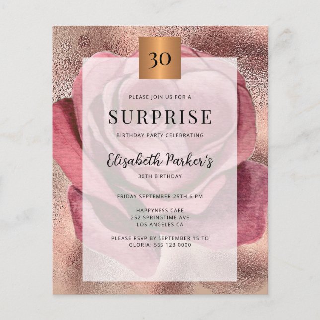 Budget rose gold 30th birthday party invitation (Front)