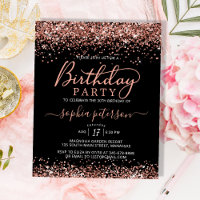 Budget Rose Gold Any Age Black Birthday Invitation