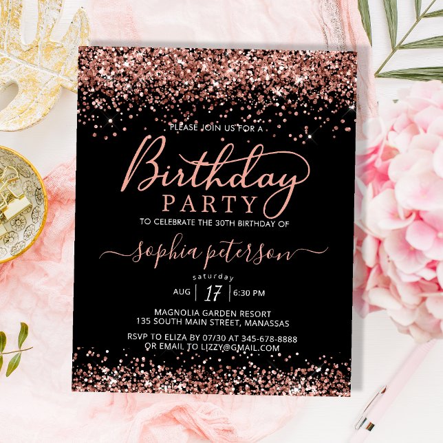 Budget Rose Gold Any Age Black Birthday Invitation (Creator Uploaded)