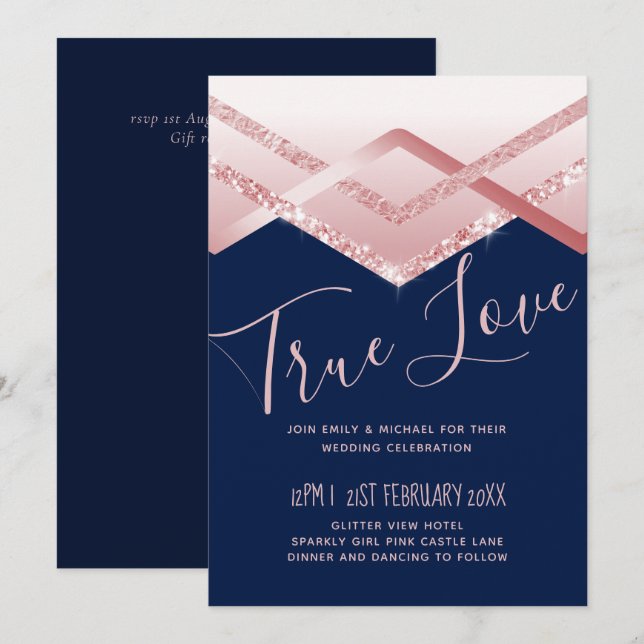 Budget Rose gold Art Deco Foil Look Navy Wedding (Front/Back)