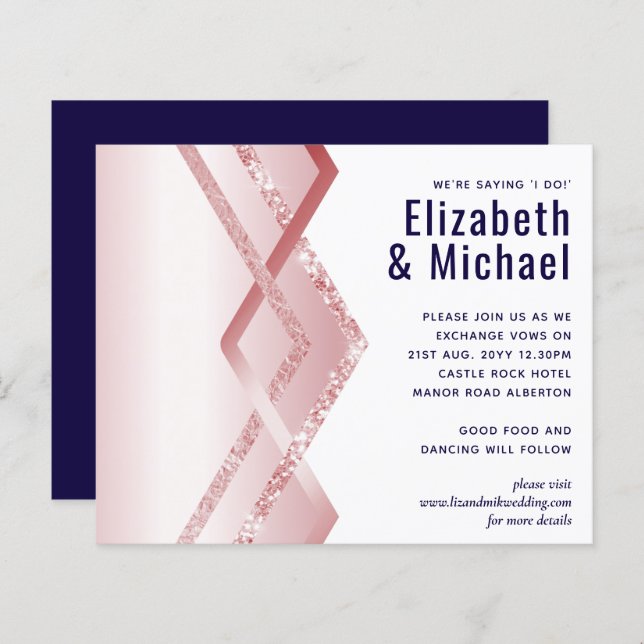 Budget Rose gold Art Deco Foil Look Navy Wedding (Front/Back)
