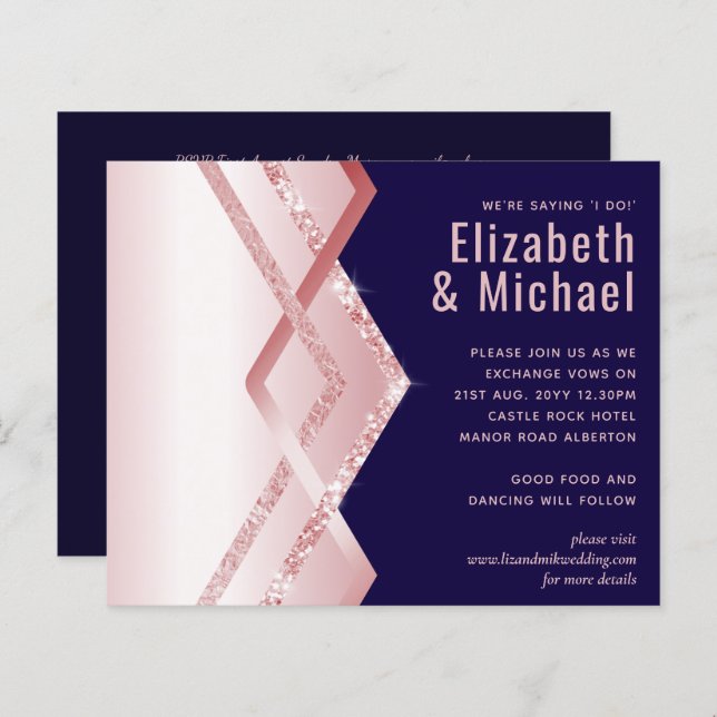 Budget Rose gold Art Deco Foil Look Navy Wedding (Front/Back)