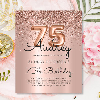 Budget Rose Gold Balloon 75th Birthday Invitation
