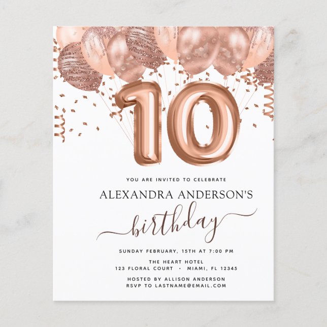 Budget Rose Gold Balloons 10th Birthday Party Flyer (Front)