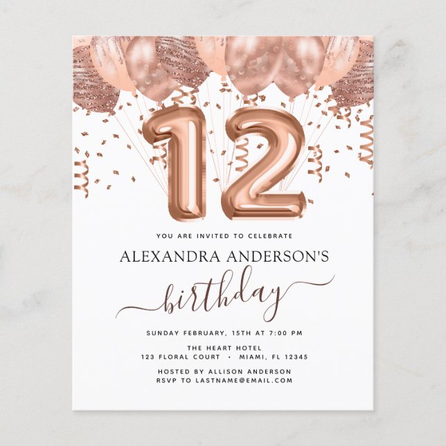 Budget Rose Gold Balloons 12th Birthday Party Flyer (Front)