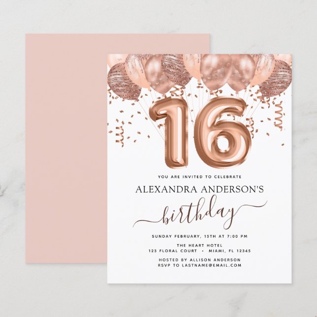 Budget Rose Gold Balloons Sweet 16 Birthday (Front/Back)
