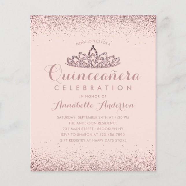 Budget Rose Gold Blush Quinceañera Tiara Invite (Front)