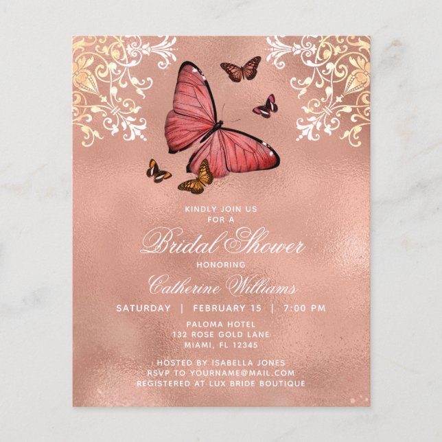Budget Rose Gold Butterfly Floral Bridal Shower Flyer (Front)
