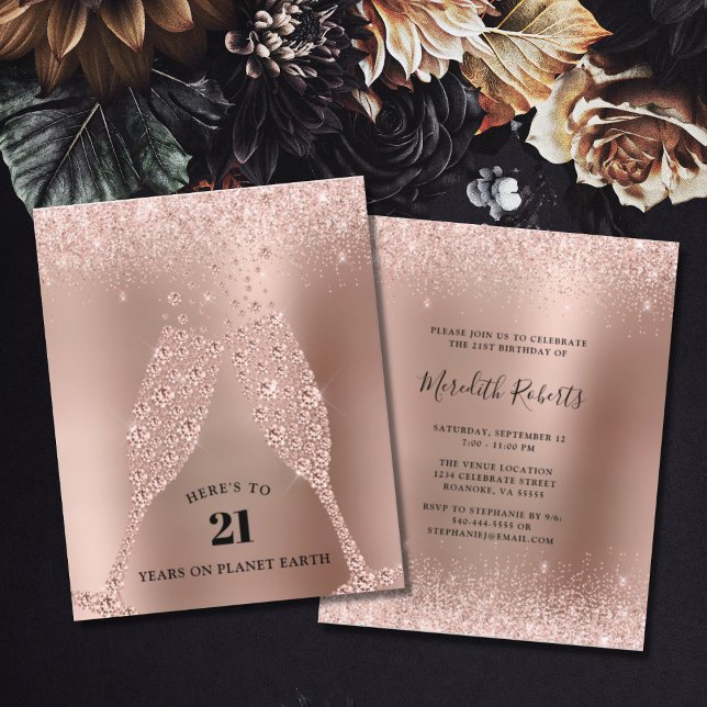 Budget Rose Gold Champagne 21st Birthday Invite (Creator Uploaded)