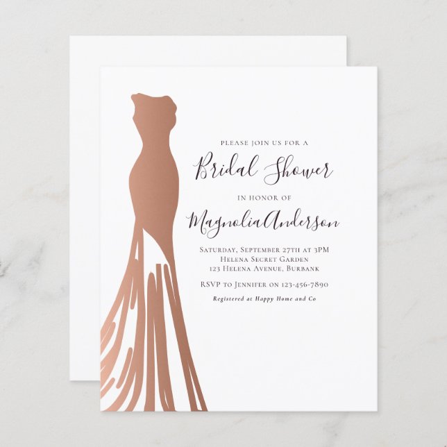 Budget Rose Gold Dress Bridal Shower Invitation (Front/Back)