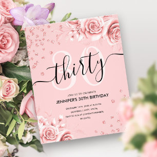 Budget Rose Gold Floral Glitter 30th Birthday Flyer