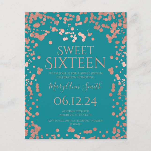Budget Rose Gold Foil Confetti Sweet 16 Teal  Flyer (Front)