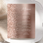 Budget Rose Gold Glam Glitter Script Wedding Menu<br><div class="desc">This elegant modern wedding menu features a faux diamond glitter border on a rose gold faux brushed metal background. The customisable text combines white handwriting script and sans serif fonts. The rose gold brushed metal and glitter design is repeated on the reverse side.</div>