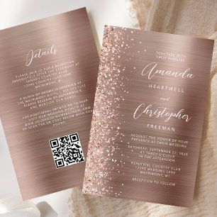 Budget Rose Gold Glam QR Code Wedding Invitation