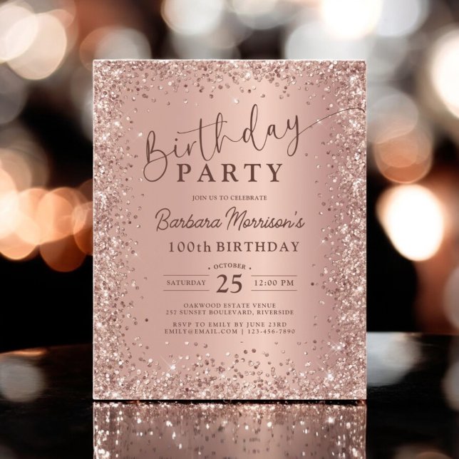 Budget Rose Gold Glitter 100th Birthday Invitation (Creator Uploaded)