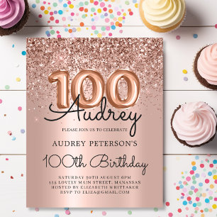 Budget Rose Gold Glitter 100th Birthday Invite