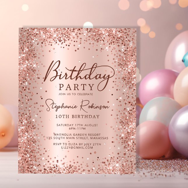 Budget Rose Gold Glitter 10th Birthday Invitation (Creator Uploaded)