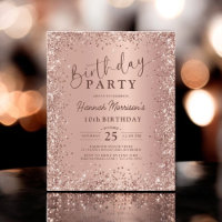 Budget Rose Gold Glitter 10th Birthday Invitation