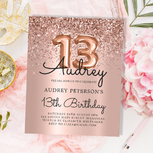Budget Rose Gold Glitter 13th Birthday Invitation