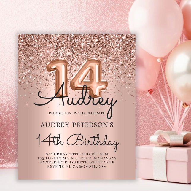 Budget Rose Gold Glitter 14th Birthday Invitation (Creator Uploaded)