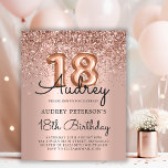 Budget Rose Gold Glitter 18th Birthday Invitation<br><div class="desc">Budget Add sparkle to your event with this Modern Rose Gold Balloon 18th Birthday Invitation. This stylish design showcases rose gold foil number balloons paired with elegant calligraphy, framed by a shimmering glitter border on a soft blush pink metallic foil background. A perfect choice for a 18-year-old girl's birthday party,...</div>