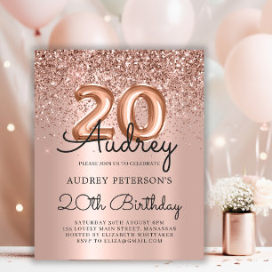 Budget Rose Gold Glitter 20th Birthday Invitation