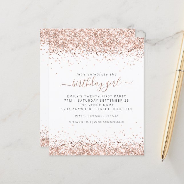 Budget Rose Gold Glitter 21st Birthday Invitation (Front/Back In Situ)