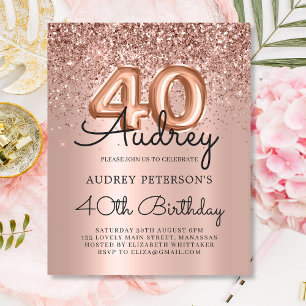 Budget Rose Gold Glitter 40th Birthday Invitation